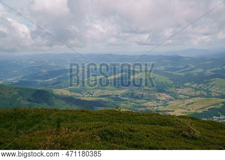 Beautiful Summer Mountain Landscape, Forest, Clouds. Mount Gemba Pylypets Ukraine. Ukrainian Mountai