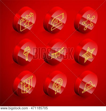 Set Line Calendar With Date July 4, Cannon, Hexagram Sheriff, Torch Flame, Carnival Garland Flags, U