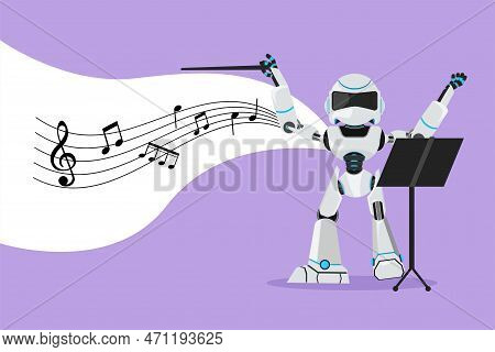 Character Flat Drawing Expressive Robot Conductor Directing Music Orchestra. Classical Music. Modern