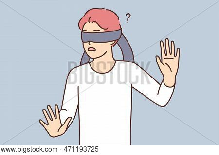 Frightened Casual Teen Boy Blindfolded Trying To Grope Road Of Action In Blind. Frightened Schoolboy