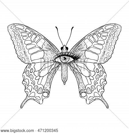 Butterfly With Female Eye. Hand Drawn Illustration On White Background.
