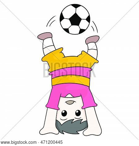 Boy Athlete Soccer Doing Headstand, Vector Illustration Art. Doodle Icon Image Kawaii.