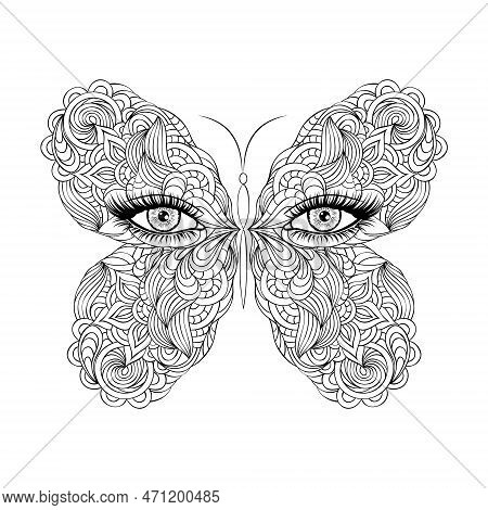 Butterfly With Female Eyes. Hand Drawn Illustration On White Background.