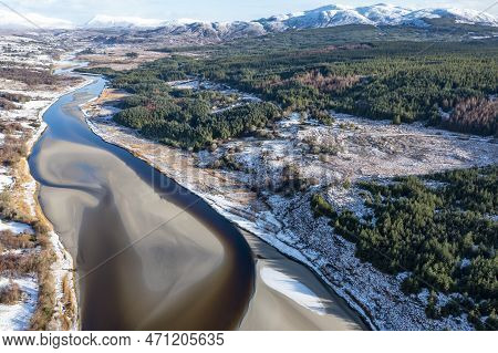 Aerial View Of Snow Covered Gweebarra River Between Doochary And Lettermacaward In Donegal - Ireland