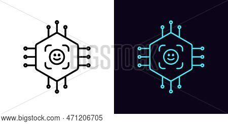 Outline Id Circuit Icon, With Editable Stroke. Micro Circuit Frame With Face Id Sign, Face Recogniti