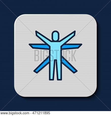 Filled Outline Vitruvian Man By Leonardo Da Vinci Icon Isolated On Blue Background. Human Anatomy. V