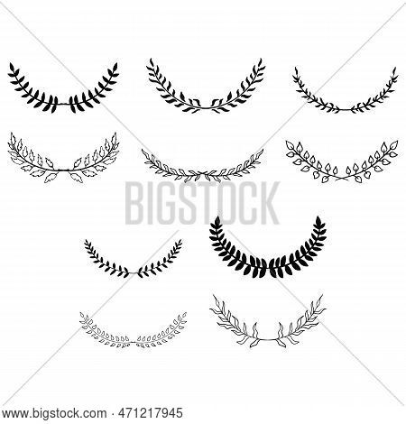 Hand Drawn Set Of Tree Branches With Leaves, Flowers, Field Grass, Decorative Dividers,