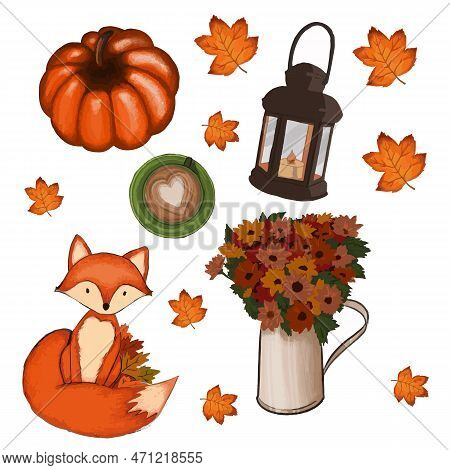 Watercolor Cute Animal And Autumn Leaves Sticker