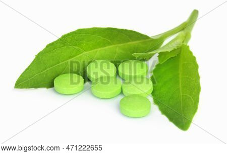 Adhatoda Vasica Or Medicinal Basak Leaves With Tablets Over White Background