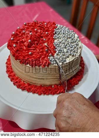 Delicious Dessert, Chocolate Cake, Mousse With Whipped Cream, Pieces Of Chocolate And Strawberries, 