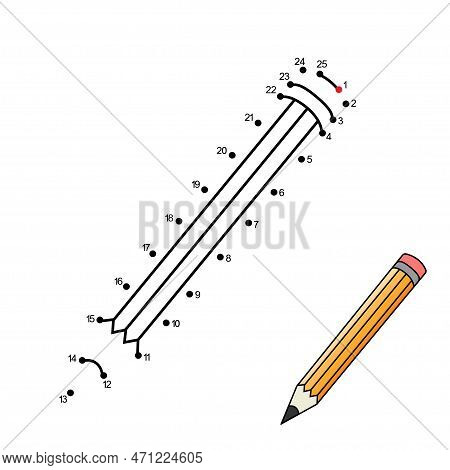 Realistic Yellow Wooden Pencil With Rubber Eraser. Dot To Dot Game. Connect The Dots By Numbers And