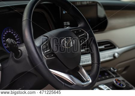 Moscow, Russia - December 18, 2021 Hyundai Palisade (lx2) Steering Wheel Close Up View. Hyundai Logo