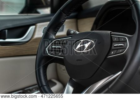 Moscow, Russia - December 18, 2021 Hyundai Palisade (lx2) Steering Wheel Close Up View. Hyundai Logo