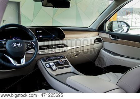 Moscow, Russia - December 18, 2021 Hyundai Palisade (lx2), Interior View. Luxury Crossover Suv. Cent