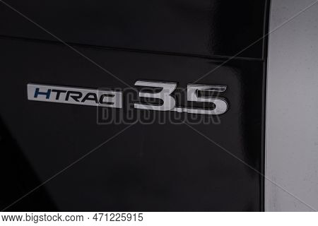 Moscow, Russia - December 18, 2021 Hyundai Htrac All-wheel Drive System Badge On The Car. Car Body C