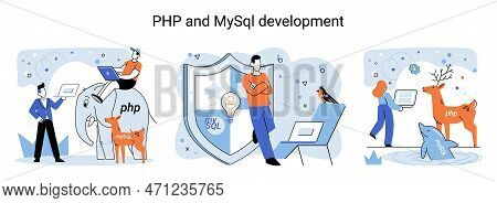 Php And Mysql Development Metaphor. Software Website Developer With Computer, Programmer Service, Op