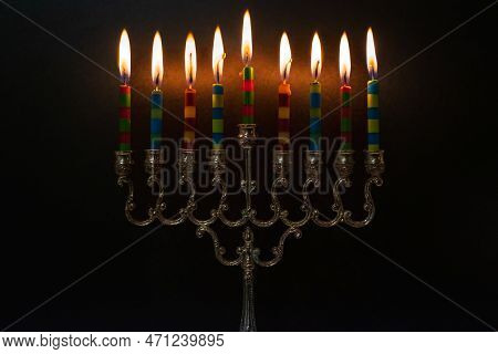 Hanukkah Burning Candles. Chanukah Menorah Chanukiah. Lights The Menorah For Hanukkah. Jewish Holida