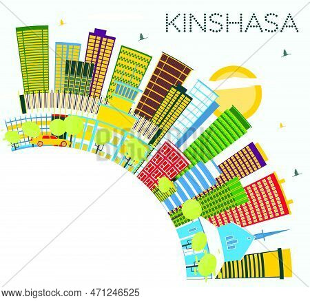 Kinshasa Skyline With Color Buildings, Blue Sky And Copy Space. Vector Illustration. Business Travel
