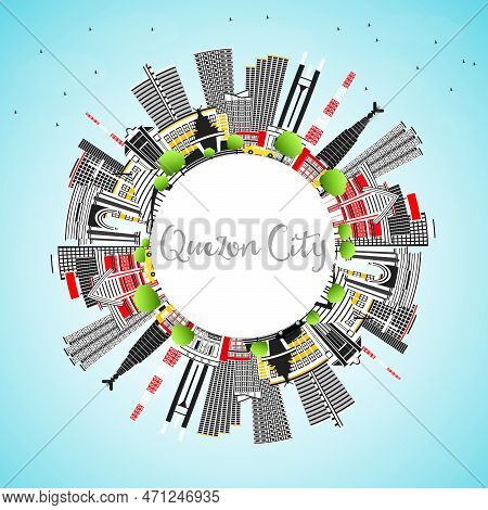 Quezon City Philippines Skyline With Gray Buildings, Blue Sky And Copy Space. Vector Illustration. B
