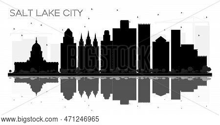 Salt Lake City Utah Skyline Black And White Silhouette With Reflections. Vector Illustration. Simple