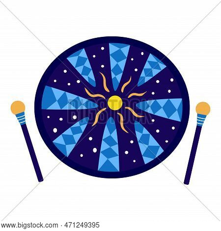 Musical Instrument Hang Drum, Glucophone With Sticks. Sun In Center. Blue Color. Music For Meditatio