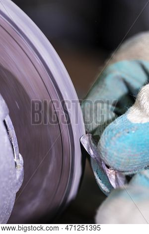 One Professional Fitter Man Using Paste For Metal Polishing Machine Circle For Metal Shiny Tools Bla