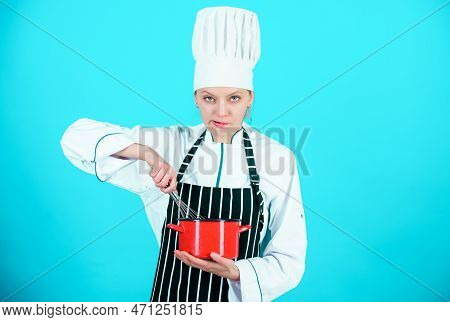 Use Hand Whisk. Kitchen Utensils Concept. Best Whipping Techniques. Woman Chef Hold Whisk And Pot. W
