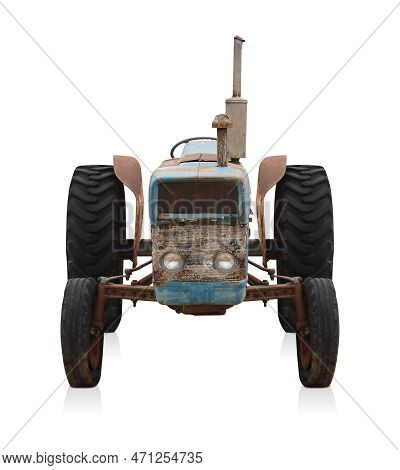 Front View Old And Rust Blue Tractor On White Background, Object, Construction, Work, Vintage, Ancie