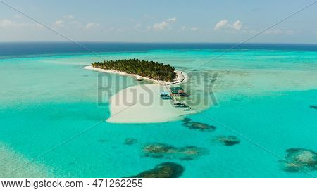 Tropical Island With Beautiful Beach, Palm Trees And Turquoise Water View From Above. Onok Island, B