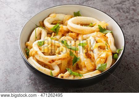 Squid With Caramelized Onions Calamares Encebollados Closeup On The Plate On The Table. Horizontal