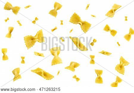 Collection Of Real Italian Pasta Farfalle Falling Isolated On White Background. Selective Focus.