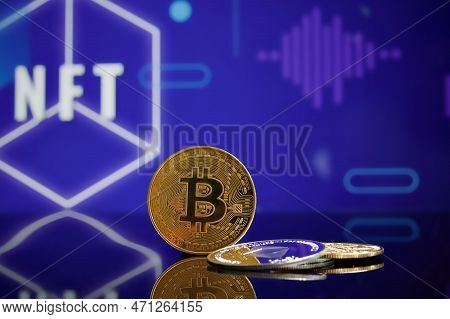 Bitcoin Ethereum Cryptocurrency Coins On Stack Nft Token Crypto Currency Blockchain Marketplace On B