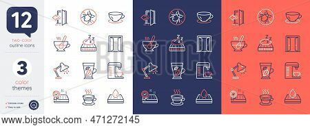 Set Of Waterproof Mattress, Mattress And Coffee Cup Line Icons. Include Espresso, Bed Bugs, Mint Lea
