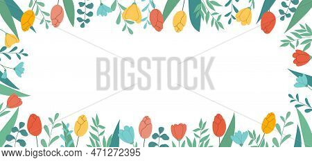 Spring Floral Rectangular Background With Space For Text In Flat Style