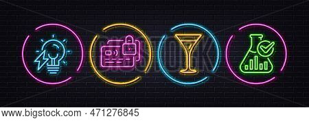 Card, Electricity Bulb And Martini Glass Minimal Line Icons. Neon Laser 3d Lights. Chemistry Lab Ico