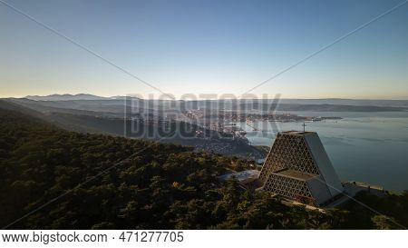 Aerial View Temple Of Monte Grisa On Italian Karst Plateau Mountain Above Trieste , Friuli Venezia G
