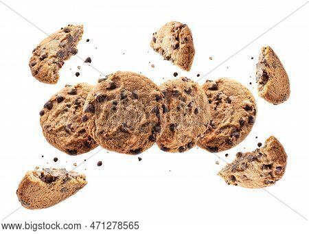 Collection Of Broken Chocolate Chip Cookies. Cookies Broken In Pieces With Crumbs On White Backgroun