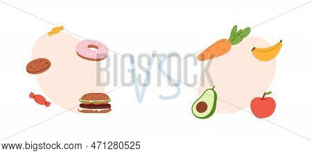 Healthy And Unhealthy Food Concept. Choice Between Nutrition. Fastfood, Snack, Sweet And Fat Eating 