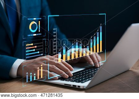 Businessman Analyzing Business Enterprise Data Management, Business Analytics With Charts, Metrics A