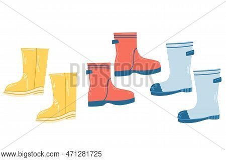 A Set Of Paired Multi Colored Rubber Boots, Wellington, Brodnies, Galoshes.