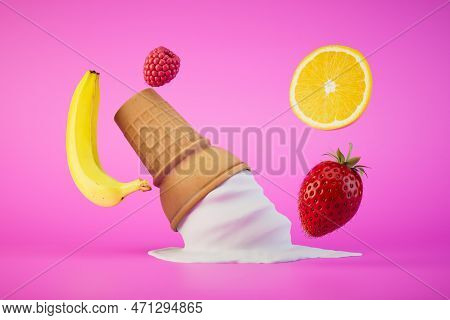 Fallen Melted Fruit Ice Cream On A Pink Background. 3d Render.