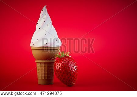 Strawberry Ice Cream In A Waffle Cup. An Ice Cream Cone Next To A Strawberry On A Red Background. 3d