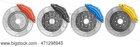 Vector Disc Brakes Set, Horizontal Decorative Banner With Collection Of Cut Out Illustrations Four B