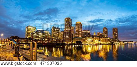 Panorama Of Boston Cityscape At Fan Pier Park At Night, Usa