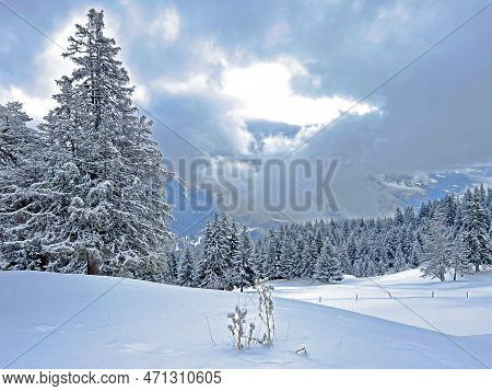 Beautiful Low Winter Clouds And Fog Condensation In The Swiss Alps Above The Tourist Resorts Of Valb
