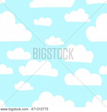 Colorful Seamless Pattern With White Clouds. Hand Drawn Illustration For Kid Textile, Card, Pajama, 