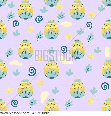 Vector Colored Easter Eggs Seamless Pattern For Easter Holidays On Pink Background. Patterns, Flower