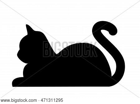 Cat - Cartoon Silhouette Of Lying Cat, Black And White Vector Illustration On White Background