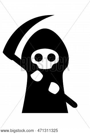 Cute Grim Reaper - A Funny Cartoon Skeleton Death In A Black Cloak With A Hood And A Scythe, Black A