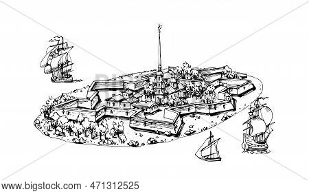 Petropavlovskaya Fortress On Zayachy Island In St. Petersburg. Vector Illustration In Black Ink, Iso